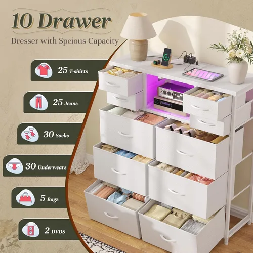 Miniatura 4 de Cómoda blanca para dormitorio con estación de carga y luces LED, 10 cajones de tela con estantes abiertos, cómoda resistente organizador de Blanco