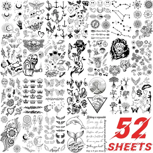Miniatura 5 de EGMBGM 52 hojas de tatuajes temporales pequeños para niños, niños y niñas, tatuajes tribales de animales, mariposas, anclas, brújulas, pegatinas