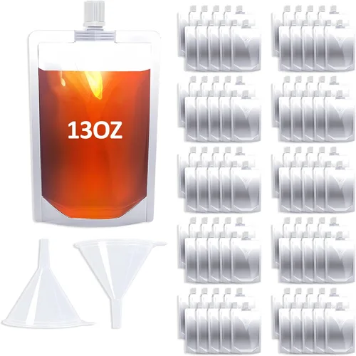 Miniatura 16 de 100 bolsas de bebida de 8 onzas, botella de plástico reutilizable con embudo para beber jugo de bebidas líquidas, bolsas de bebidas de pie para 8OZ