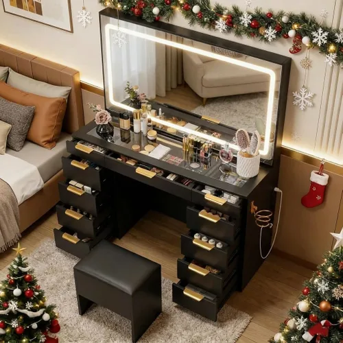 Miniatura 10 de Escritorio de tocador con 11 cajones con parte superior de cristal con silla, manijas de cristal con espejo y luces, tocador con toma de corriente