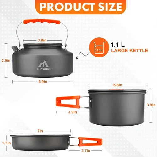 Miniatura 2 de THTYBROS 17pcs Camping Cookware Kit, 0.45Gal Pot, 7inches Pan,0.30Gal Kettle Set with 2 Set Stainless Steel Cups Plates Forks Knives Spoons for