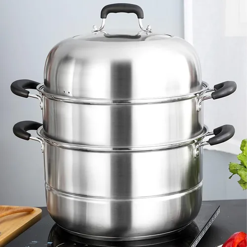 Miniatura 5 de MANO Olla de vapor para cocinar de 11.8 pulgadas con tapa, olla de vapor de acero inoxidable de 2 niveles, utensilios de cocina multiusos con mango