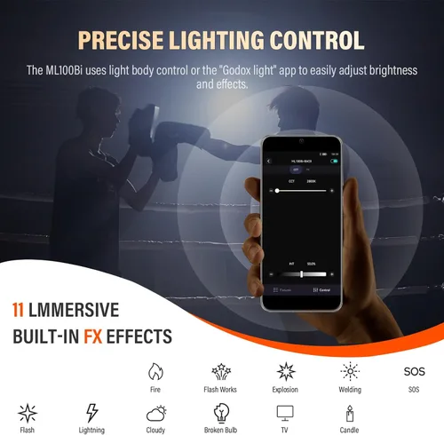 Miniatura 6 de Godox ML100Bi - Luz de video LED bicolor de 120 W, luz de video LED COB portátil 34300 Lux CRI 96+/TLCI 97+ 2800K-6500K 11 efectos FX para filmar