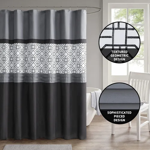 Miniatura 4 de 510 DESIGN Cortina de ducha, diseño bordado geométrico texturizado con forro integrado, decoración moderna de baño de mediados de siglo, lavable a