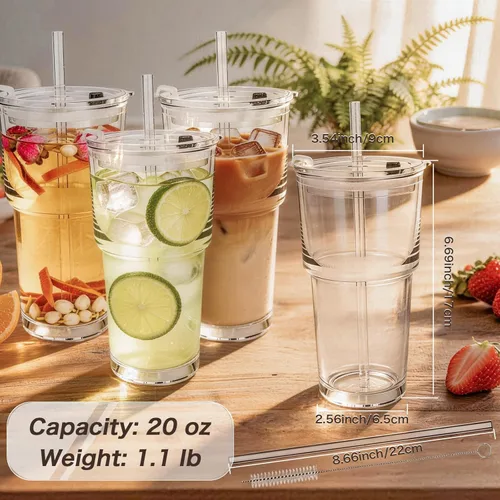 Miniatura 3 de 20oz Clear Glass Cups with Lids and Straws, Reusable Iced Coffee Cups, Drinking Tumblers for Cocktail Beer, Juice, Smoothie, Water, Party Gifts