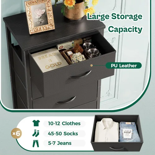 Miniatura 7 de Huuger Cómoda alta para dormitorio, cómoda estable de 7 cajones con dispositivo antipunta, cajones de piel sintética y tela, mesita de noche alta