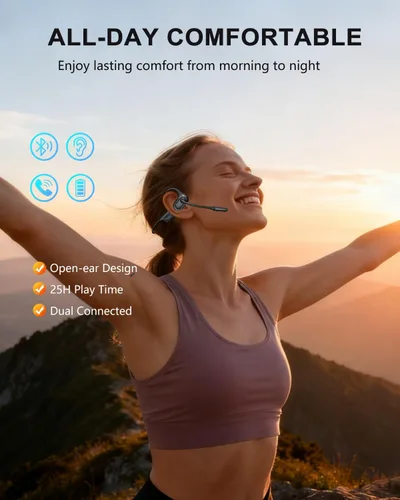 Miniatura 9 de Auriculares de oreja abierta con micrófono, auriculares Bluetooth a prueba de sudor de 0.99 oz con cancelación de ruido y silencio, 20 horas