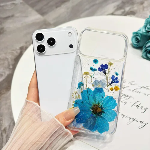Miniatura 2 de Funda floral para iPhone 17 con flores reales prensadas, bonito diseño de flores secas prensadas transparentes con purpurina para mujer, suave TPU