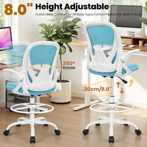 Miniatura 7 de Primy Silla de Dibujo Silla Alta de Oficina con Reposabrazos Abatibles Silla Ejecutiva Ergonómica de Computadora para Escritorio de Pie con Soporte