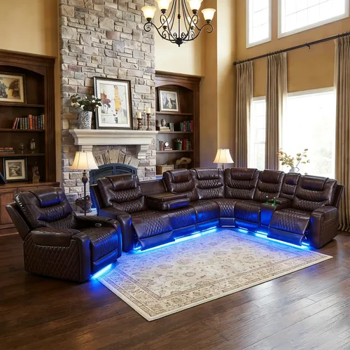 Miniatura 14 de Juego de sofá modular reclinable eléctrico para sala de estar, juego de sofá reclinable de cuero con luces LED / almacenamiento oculto, sofá