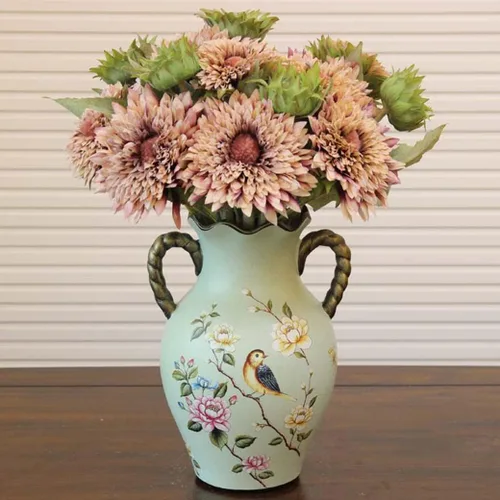 Miniatura 6 de ZHOUXIAO Jarrón moderno con asas de cerámica para decoración del hogar, diseño de pájaro de porcelana china tradicional verde, florero de flores