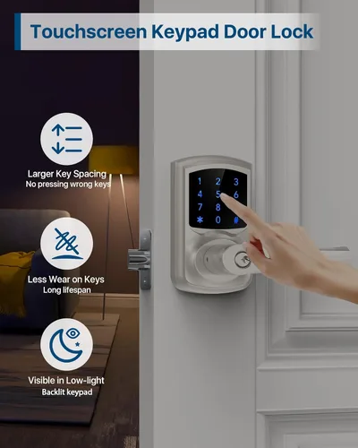 Miniatura 3 de HIDALIFE Cerradura de puerta de entrada sin llave, teclado electrónico con asa, pantalla táctil, bloqueo automático, contraseña antiespía, fácil