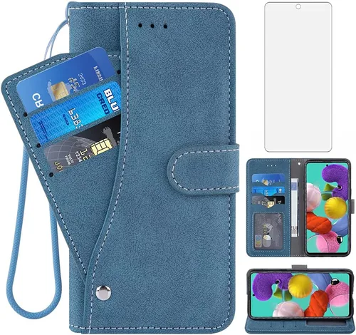 Asuwish Compatible con Samsung Galaxy A51 5G/A 51 5G UW Verizon - Funda tipo cartera y protector de pantalla de vidrio templado con cordón, soporte