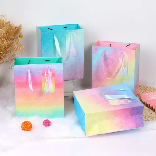 Miniatura 6 de Paquete de 4 bolsas de regalo con asas, bolsas de regalo de tamaño mediano degradado con purpurina con papel de seda, bolsa colorida de regalo