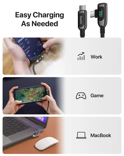 Miniatura 7 de SOOPII 100W Cable USB C a USB C de Ángulo Recto, Cable de Aleación de Zinc de 1 Pie de Tipo-C Trenzado de Nylon con Pantalla LED para iPad