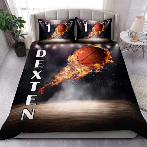 Miniatura 12 de Juego de ropa de cama personalizado de baloncesto tamaño individual, edredón deportivo personalizado con nombre y número para habitación de niños