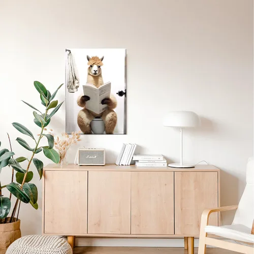 Miniatura 2 de GLOKAKA Lienzo decorativo para baño, diseño divertido de alpaca sentado en el inodoro, leyendo periódico, arte de pared, humor, granja, animal, arte