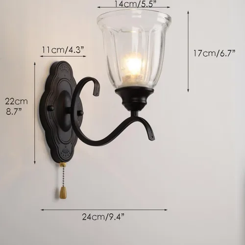 Miniatura 2 de Lámpara de pared con interruptor de cadena E27, retro, para dormitorio, mesita de noche, apliques de pared con pantalla de metal y vidrio, acabado