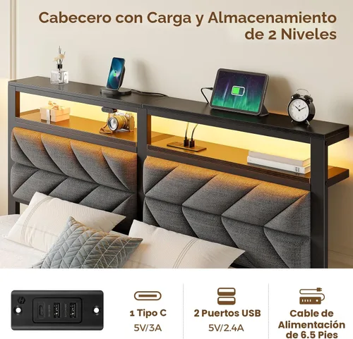Miniatura 6 de Seventable Base de cama tamaño Queen con estación de carga, cama LED con cabecera de almacenamiento tapizada, cama de plataforma de metal con Gris
