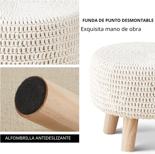 Miniatura 5 de Wimarsbon Puf otomano, taburete bohemio de punto 100% algodón, reposapiés redondo con patas de madera antideslizantes, decoración del hogar, puf
