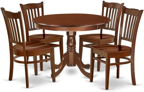 East West Furniture HLGR5-MAH-W - Juego de muebles de comedor de 5 piezas, incluye una mesa de comedor redonda con pedestal y 4 sillas de asiento de
