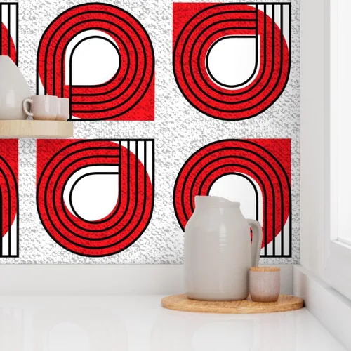 Miniatura 8 de Muestras de papel tapiz para despegar y pegar, Bauhaus rojo y blanco, moderno, abstracto, geométrico, círculos negros, gráfico, papel tapiz