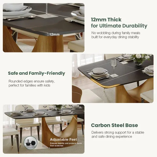 Miniatura 4 de POVISON Juego de mesa de comedor para 4, mesa rectangular negra de piedra sinterizada mate de 63 pulgadas con base de acero al carbono bronce, silla