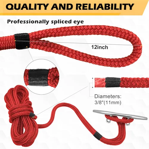 Miniatura 5 de AOLEBA Líneas de muelle de barco de 3/8 pulgadas x 15 pies para barcos, cuerda de nailon trenzado doble para barco, líneas de barco para Rojo
