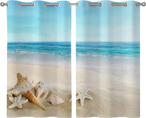 ALALAL Cortinas de baño de playa, cortinas de cocina con diseño tropical de estrella de mar y conchas de mar, cortina de privacidad con ojales para