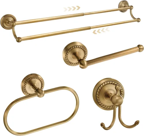 Juego de 4 piezas de accesorios de baño de latón antiguo dorado, juego de toallero montado en la pared y anillo para toallas y soporte para papel