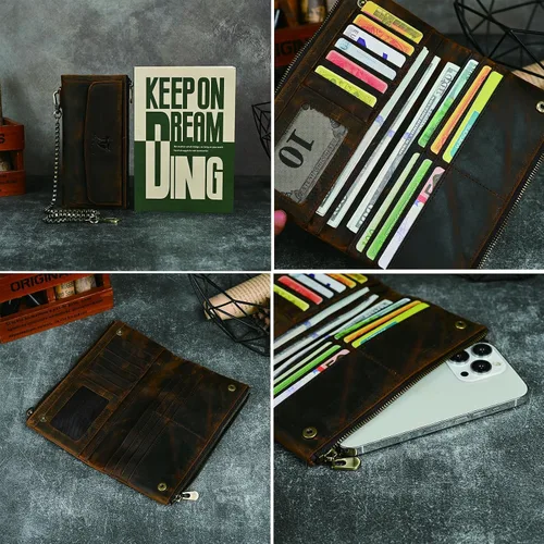 Miniatura 57 de Genuino Caballo Loco Cuero Regalo de Viaje Moneda Bolsillo Tarjetero Organizador Largo Cadena Rfid Cartera Monedero Con Broche Para Hombres Hombres