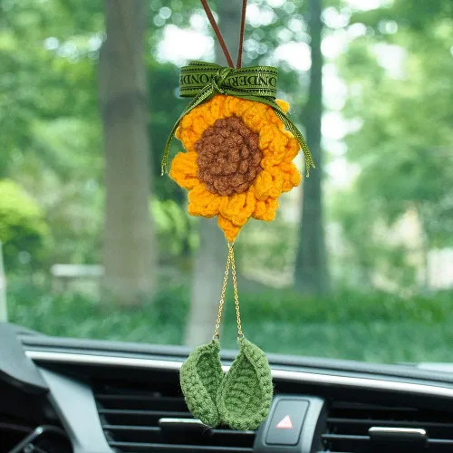 Miniatura 11 de Colgante de cactus de ganchillo para espejo retrovisor de automóvil, plantas peludas, adorno colgante para decoración del interior del automóvil