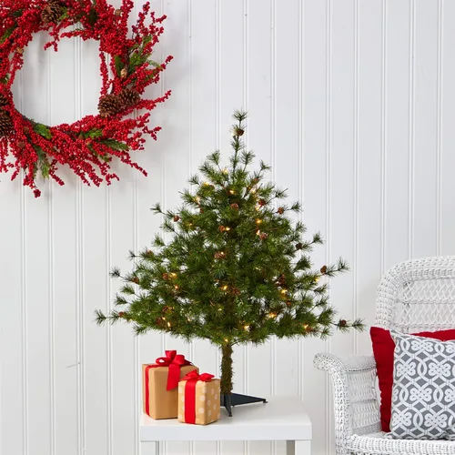 Miniatura 5 de Nearly Natural Árbol de Navidad artificial de pino de montaña de Colorado de 3 pies con 50 luces transparentes, 171 ramas flexibles y piñas de pino