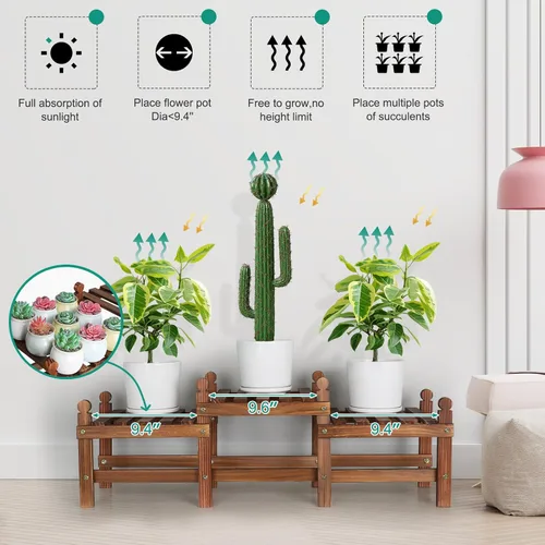 Miniatura 6 de Soporte para plantas de 3 niveles para interiores, banco bajo de madera para múltiples plantas, soporte largo para macetas de esquina