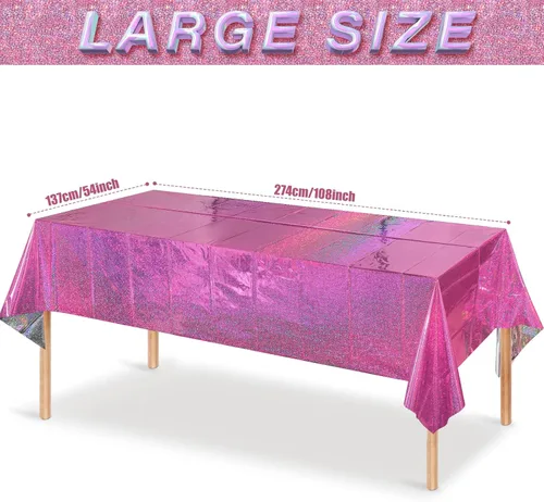 Miniatura 2 de Paquete de 8 manteles de plástico iridiscente brillantes desechables láser rectangulares, cubiertas de mesa de papel holográfico iridiscente, Rosa