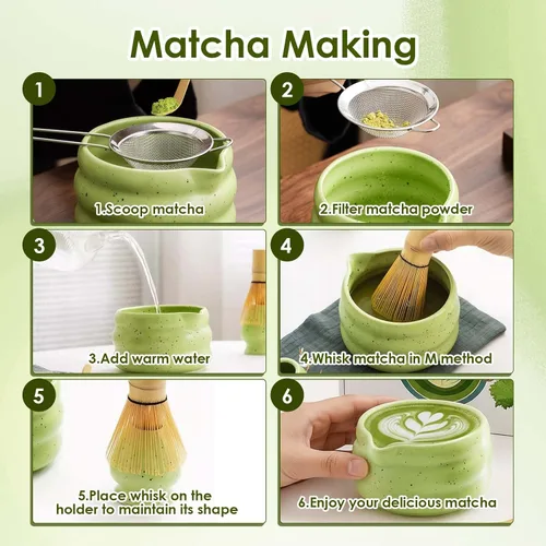 Miniatura 5 de cjc Juego de 7 piezas de batidores, juego de batidor de matcha, cuenco de cerámica con boquilla, batidor de bambú, ceremonia japonesa, regalo