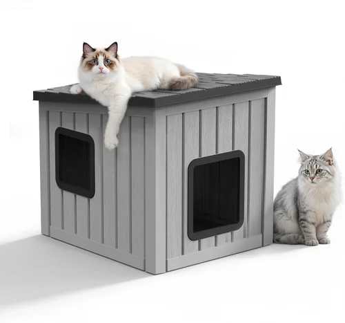 Miniatura 9 de PatioZen Cama para gatos de interior, casa en cubo, resistente a la intemperie, refugio aislado de plástico con suelo elevado, apilable