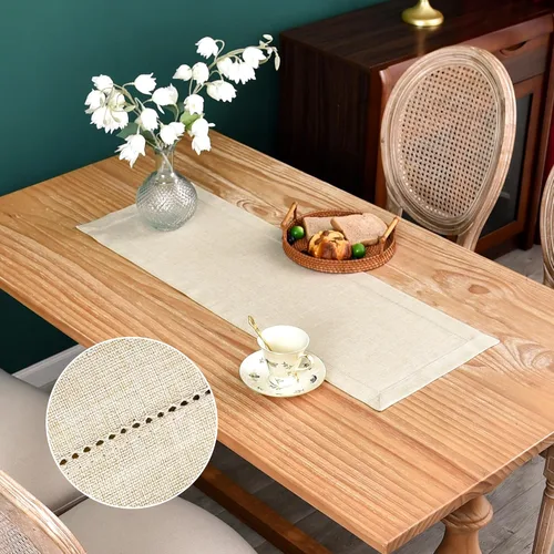 Miniatura 7 de NEWISHER Camino de mesa rústico de lino sintético con borde de vainica, decoración de mesa rectangular beige sólido para comedor, mesa auxiliar