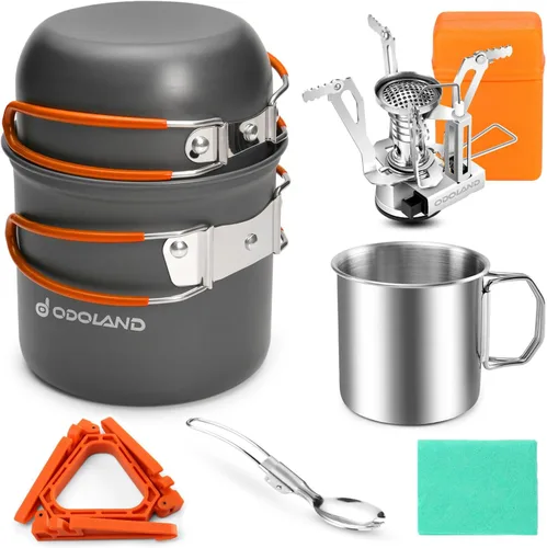 Odoland - Juego de 8 utensilios de cocina para acampar, juego de ollas y sartenes con mini estufa de mochilero, taza de acero inoxidable, soporte