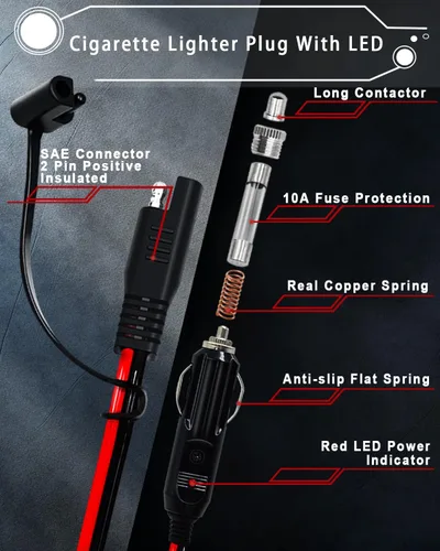 Miniatura 3 de YEZriler Adaptador de encendedor de cigarrillos de 10 pies y 16 AWG para cargador de batería, arnés de cable de carga para encendedor de cigarrillos