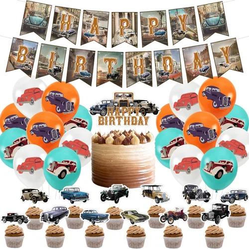 Decoraciones clásicas para fiestas de coche: decoraciones retro con temática de automóvil vintage Ruta 66, incluye pancarta de feliz cumpleaños,