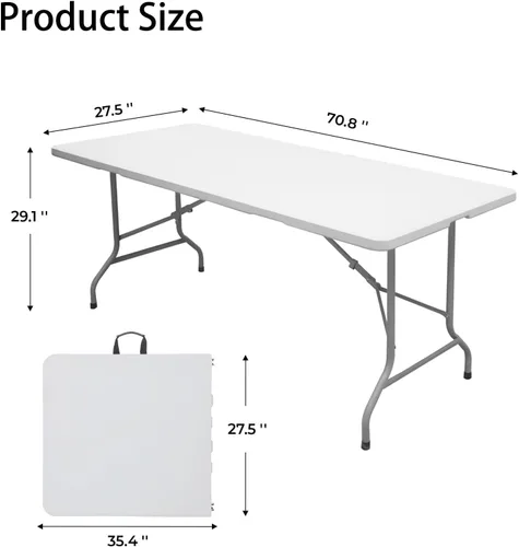Mesa de comedor de 6 pies, mesa plegable de plástico, para acampar en interiores y exteriores, picnics y fiestas, color blanco, capacidad de carga