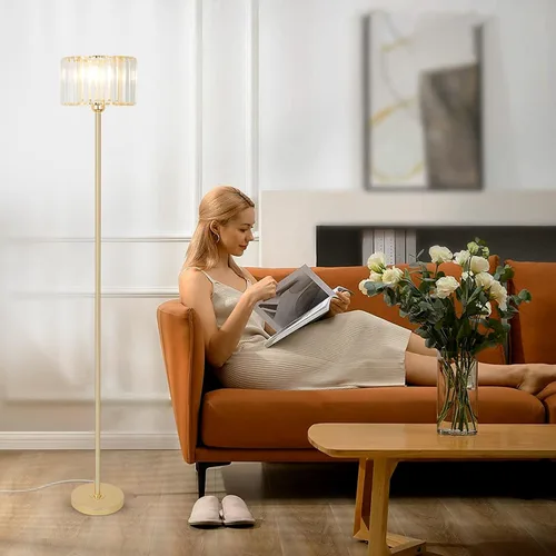 Miniatura 3 de Lámpara de pie dorada HMVPL para sala de estar, lámpara de pie moderna con pantalla de cristal K9, lámpara de pie de latón con interruptor