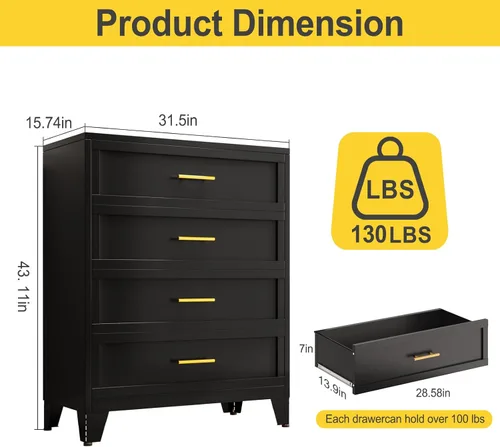 Miniatura 2 de Cómoda de metal de 43.11 pulgadas de alto para dormitorio, cómoda negra de 4 cajones con asas doradas, cómoda de armario con panel estriado, armario