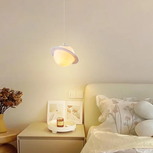 Miniatura 2 de Lámpara colgante de planeta con anillo de impresión 3D con bolas blancas, lámpara colgante de techo moderna para dormitorio, comedor, mesa