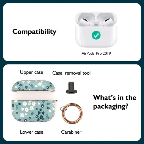 Miniatura 2 de Funda TATOFY para AirPods Pro 2019, elegante funda para AirPods Pro para mujeres y niñas, funda protectora dura con patrones florales con clip (cian)