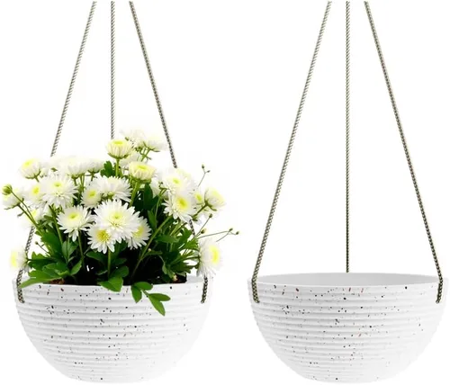 Miniatura 9 de Asnext Maceta colgante de 10 pulgadas con patrón de línea para plantas de interior y exterior, paquete de 2 macetas colgantes redondas para plantas