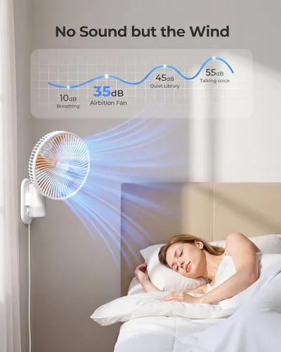 Miniatura 6 de Airbition Ventilador pequeño de montaje en pared de 10 pulgadas con luz y control remoto, oscilación de 90°, 4 velocidades, temporizador, inclinado