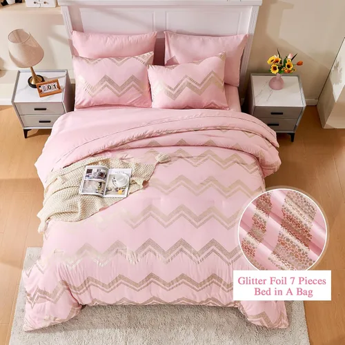 Miniatura 7 de Juego de ropa de cama para niñas, edredón rosa dorado para cama tamaño queen, 7 piezas, juego de ropa de cama dorado con purpurina en lámina