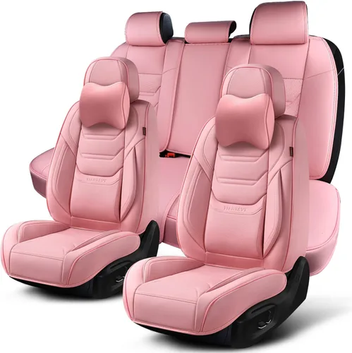 Miniatura 22 de TIEHESYT Fundas de asiento delantero de automóvil color rosa, par de fundas de cuero transpirable para asientos delanteros y reposacabezas, funda